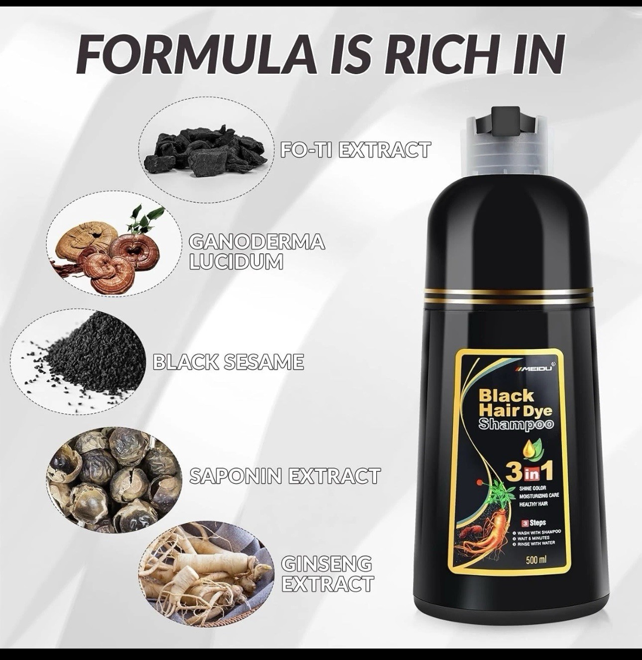 MEIDU 3-in-1 Black Hair Dye Shampoo Moisturizing Shine, All Hair Types 500ml