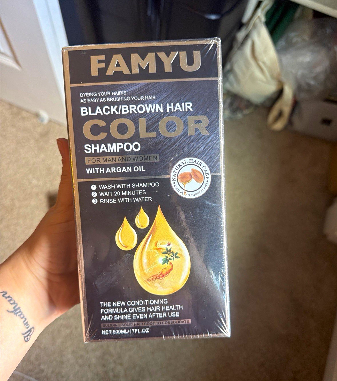 FAMYU Black/Brown Hair Color Shampoo Hair Dye with Argan Oil 500ml/17 fl oz