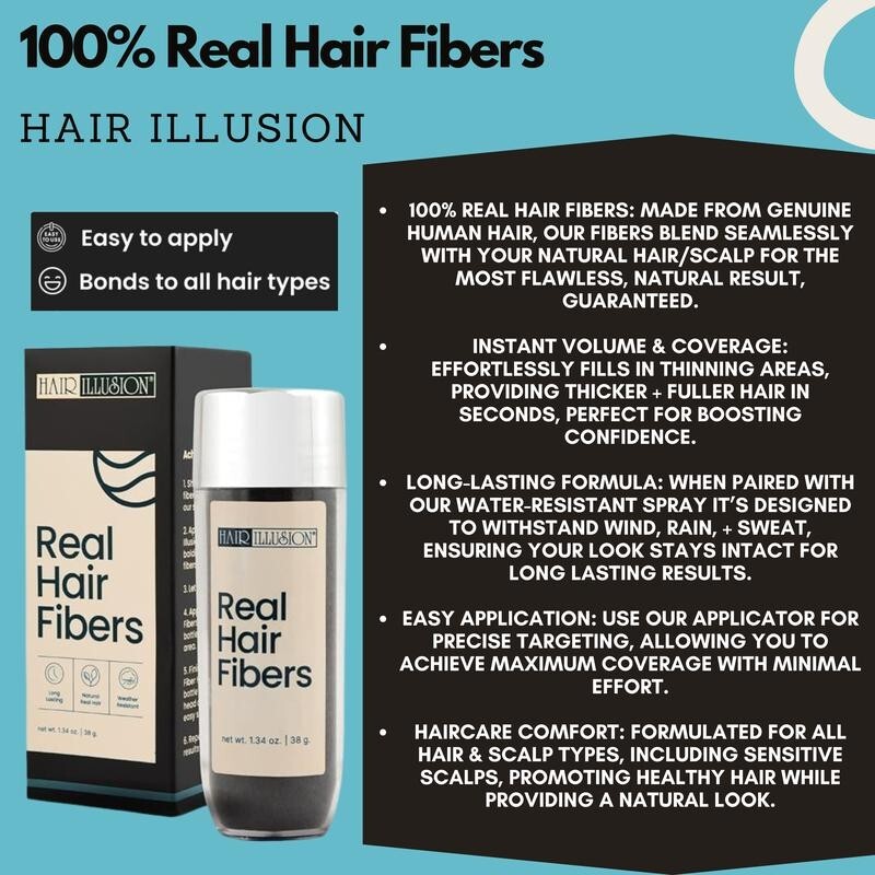 Hair Illusion 100% Real Hair Fibers Combo: Fibers, Hold & Water Spray, & App.