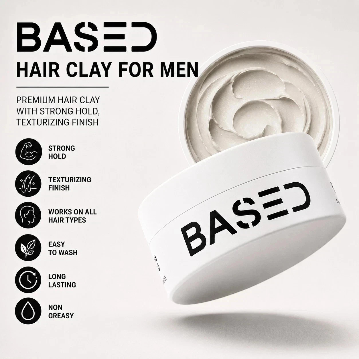 BASED Premium Hair Clay for Men, Strong Hold & Texturizing Finish, 3Oz