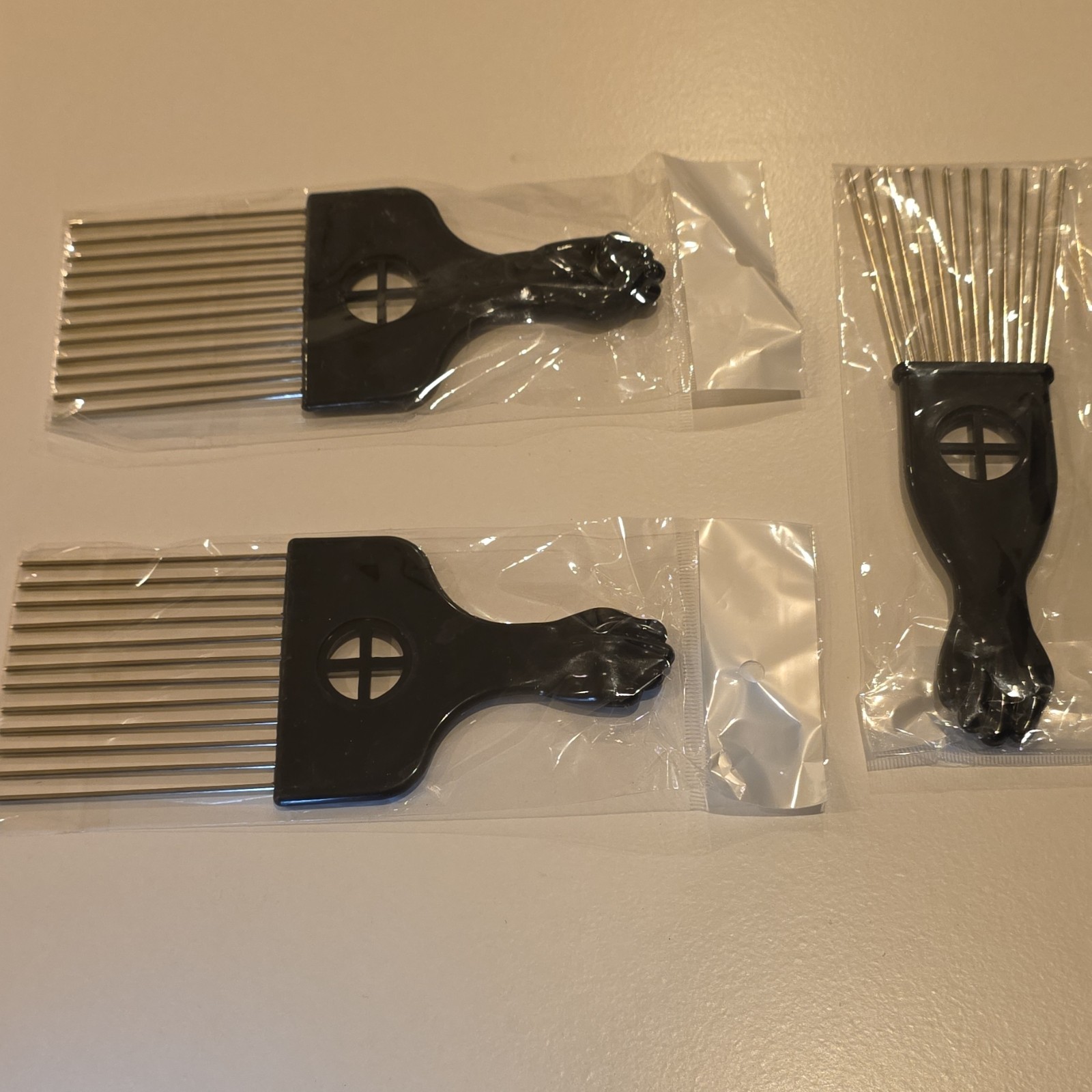 3pcs Black Wide Tooth Hair Pick Comb Set, Plastic, 4 in, Unisex