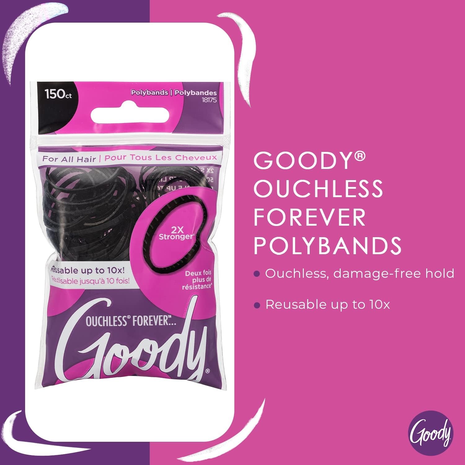 Goody Ouchless Womens Polyband Elastic Hair Tie, 150 Count, Black, Fine Hair