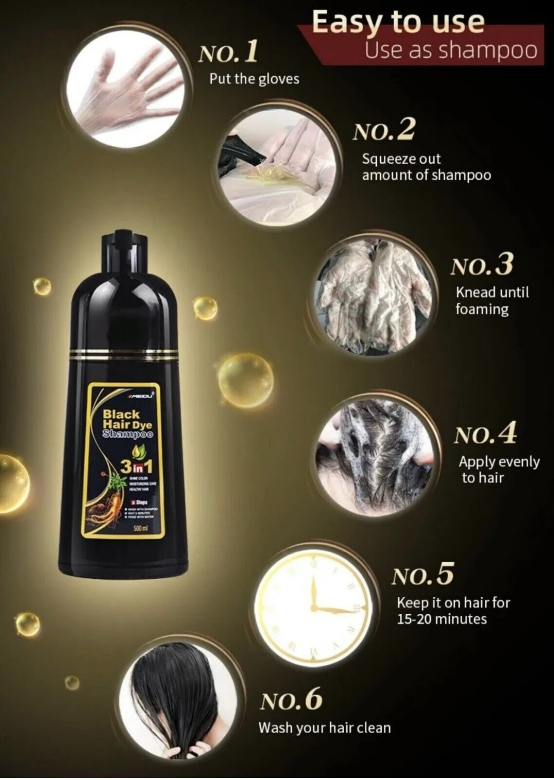 Black, Dark Brown Hair Dye Shampoo Instant 3 in 1 +100% Grey Coverage NEW SEALED
