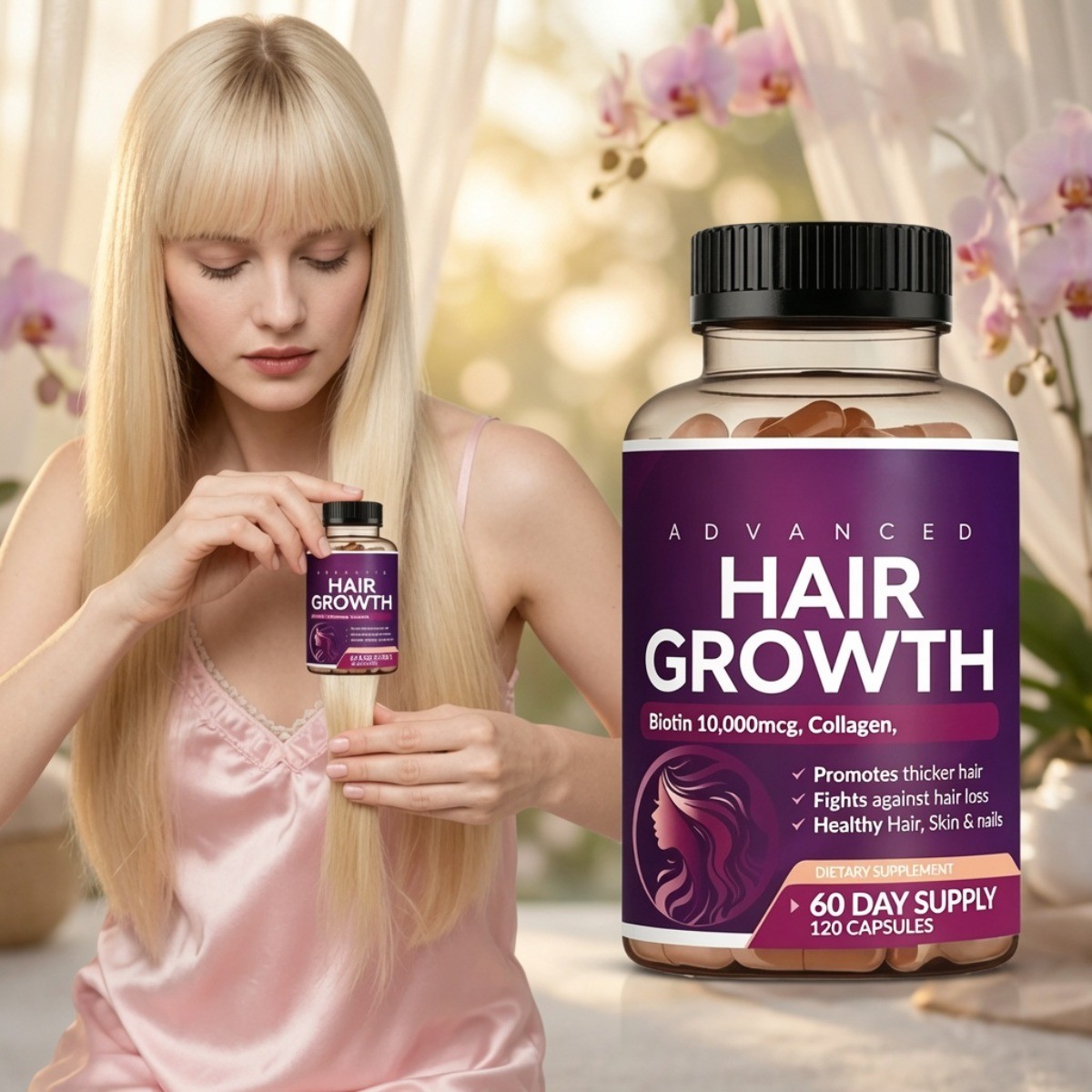 Rainbow Nutrients Advanced Hair Support – Biotin 10,000mcg+Collagen,120 Capsules