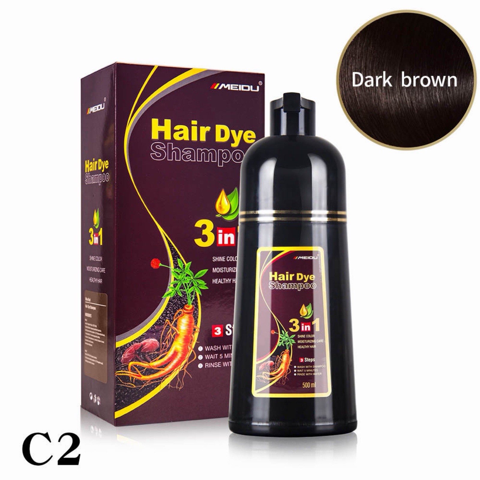 Meidu DARK BROWN Hair Dye Shampoo — Long — Lasting 3-in-1 Hair Color 500mL
