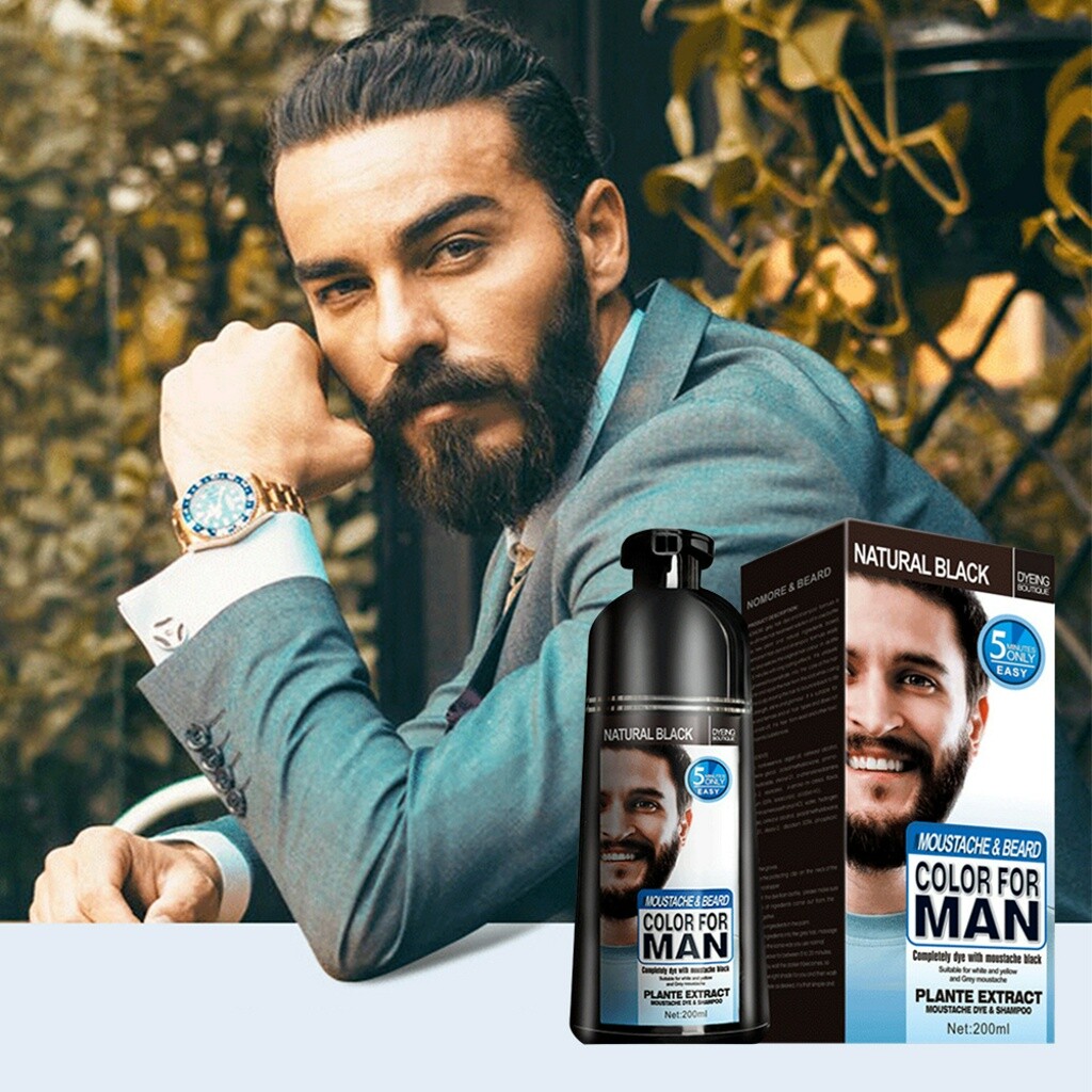 Men Black Beard Hair Dye Color Shampoo Permanent Darkening Cover Gray White Hair
