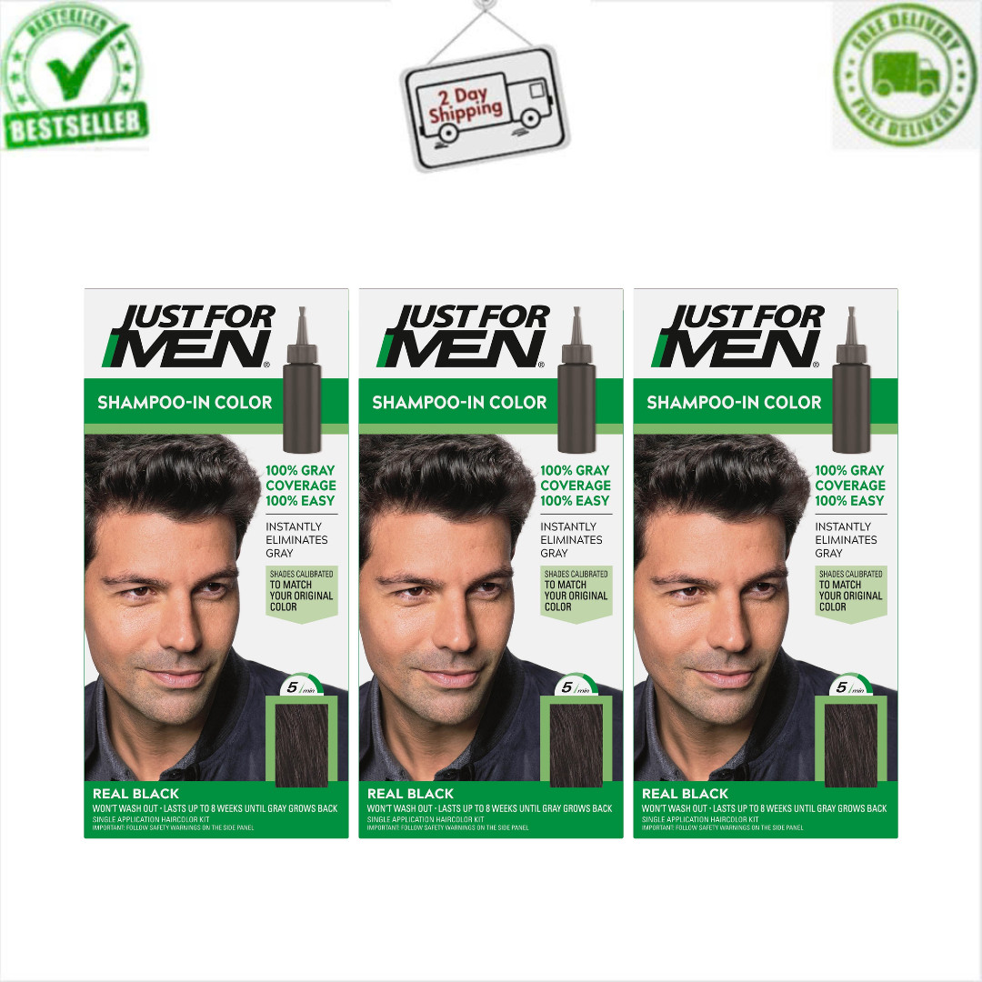 3 PK Just For Men Shampoo-In Color Hair Dye Real Black, H-55, Mens Gray Coverage