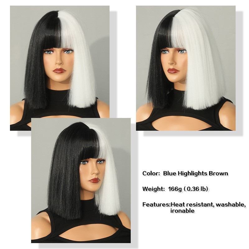13in Black White Cruella Bob Wig Two Tone Heat Resistant Synthetic Cosplay
