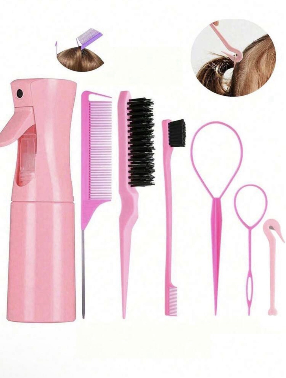 Mini Wonder 4-Piece Pink/Black Hair Styling Set w/ Spray Bottle Rat Tail Comb
