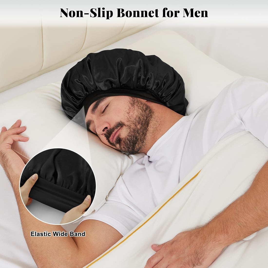 Satin Bonnet for Men, Silk Sleeping with Wide 13.8 Inch, A01-black