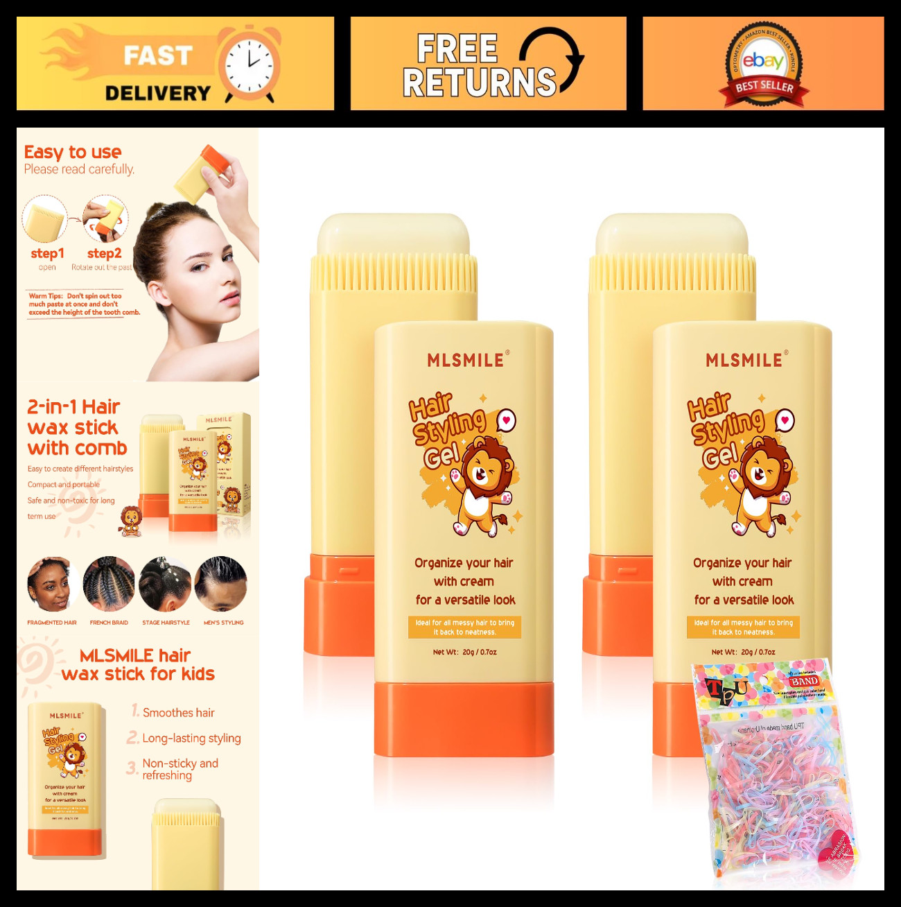 Hair Styling Gel Wax Stick 2pcs with Comb | Non-Greasy Slick Stick for Kids & Ba