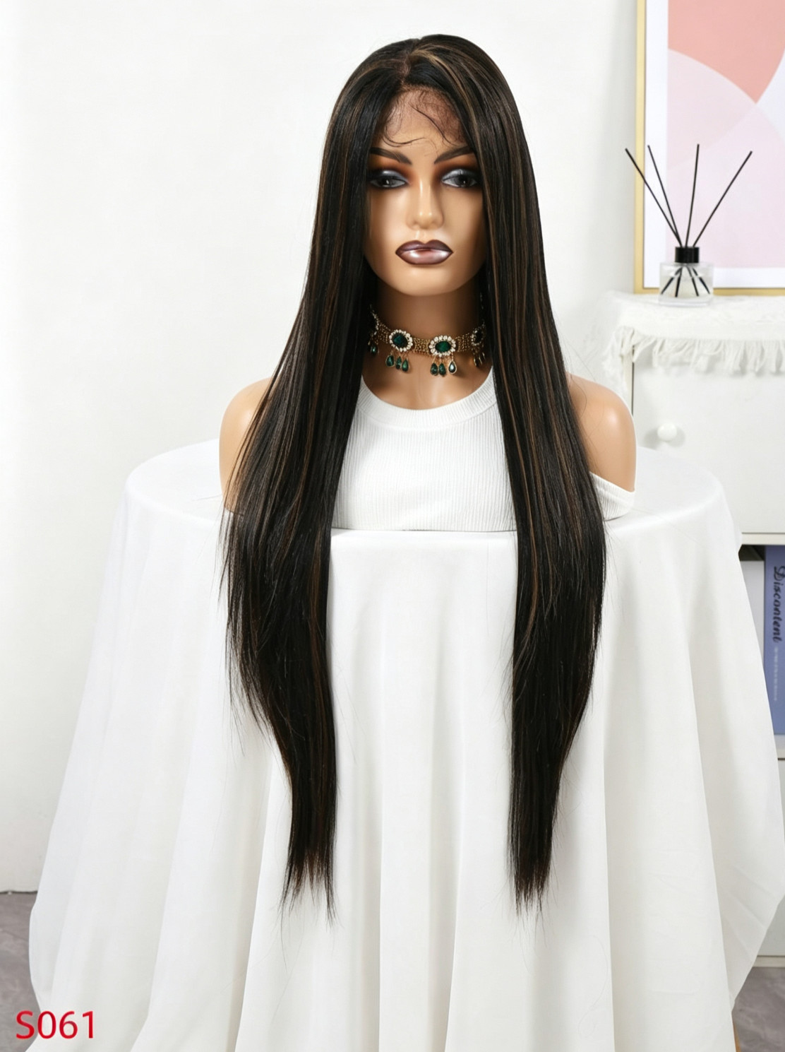 Women Black Highlight Straight Lace Front Synthetic Wig