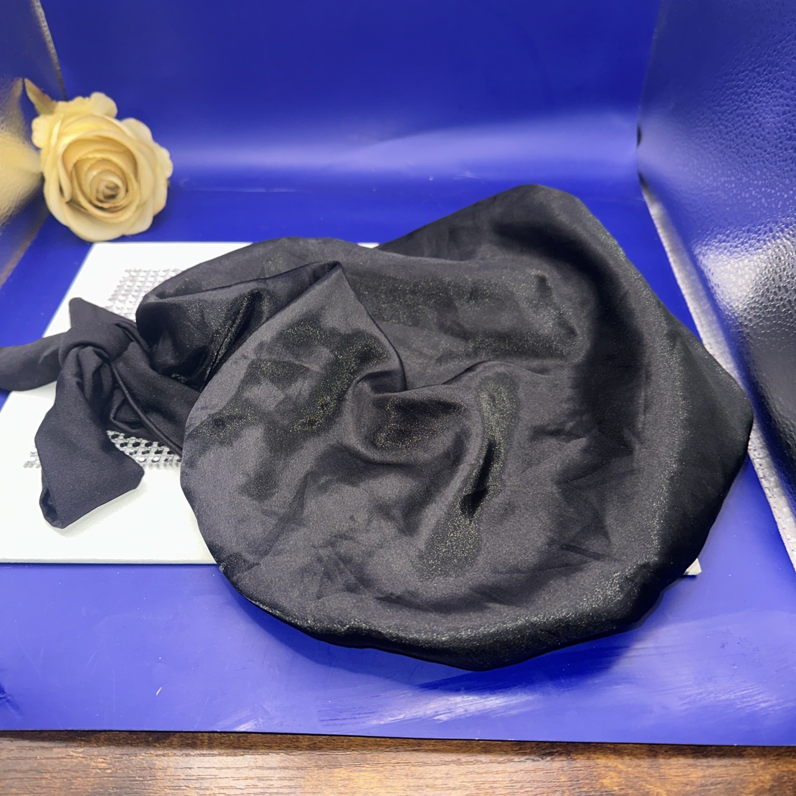 Black Satin Hair Bonnet Chemo Adult M/L, Sleep Cap Worn Twice!