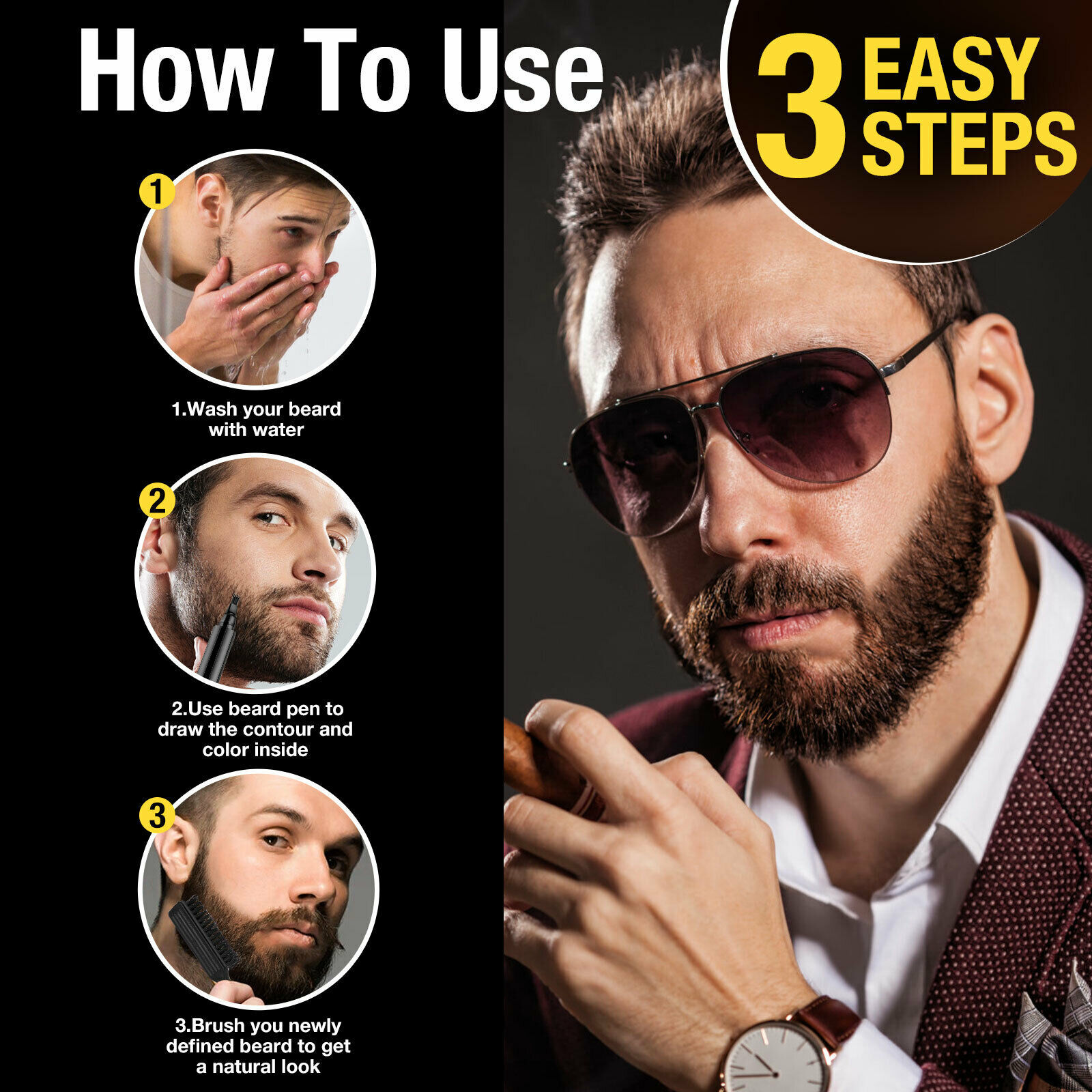 2 × Men Beard Filling Pen Hair Grower Filler Moustache Eyebrow Brush Tool Kit US