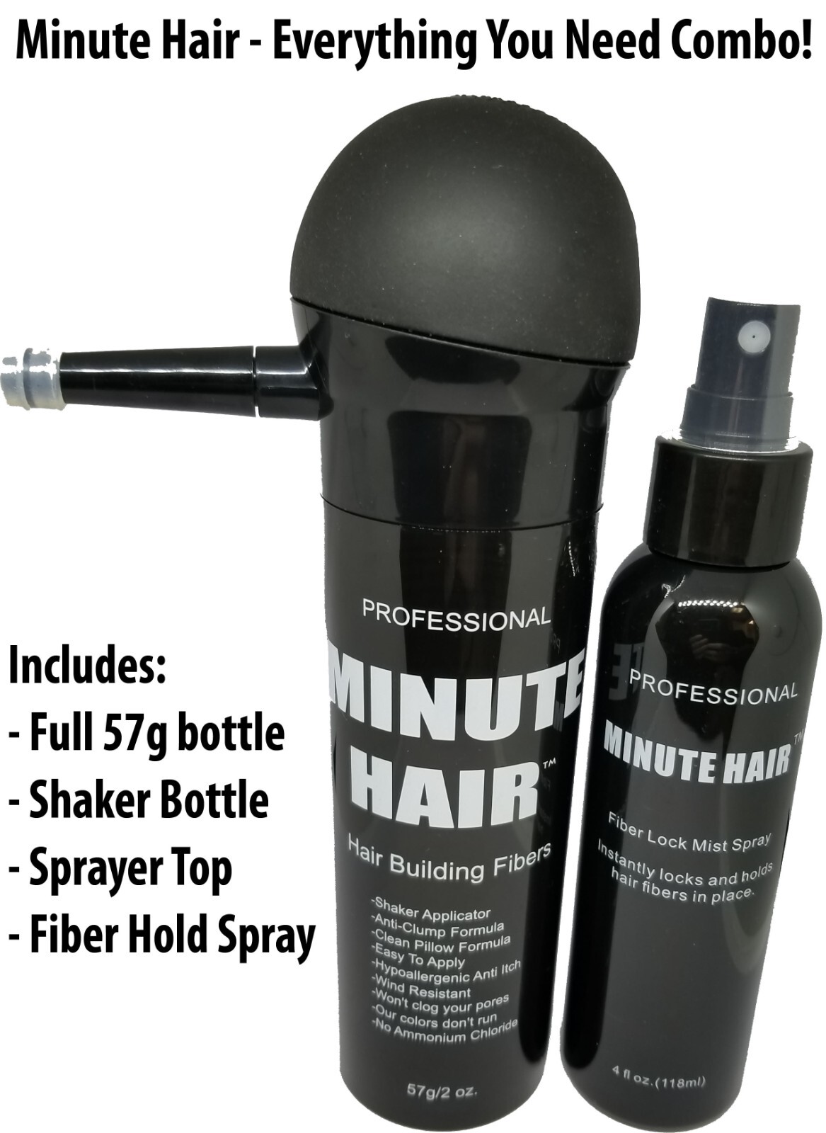 Hair Fibers 57g Bottle & Spray Black Brown Blond Gray White Auburn Minute Hair™