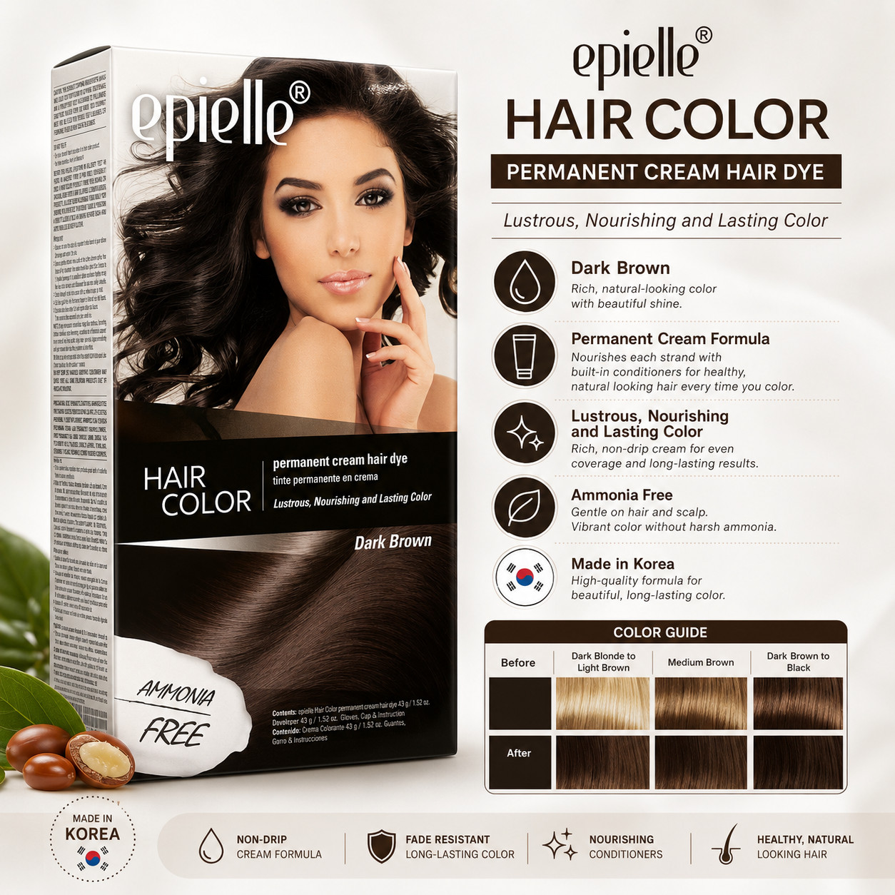 2PC – Epielle Korean Permanent Cream Hair Color Dark Brown Ammonia Free Kit