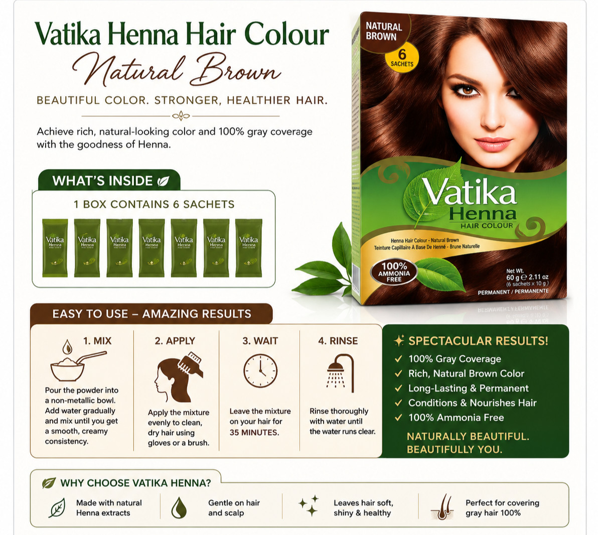 Vatika Henna Hair Color Natural Brown Powder 100% Ammonia-Free 60g