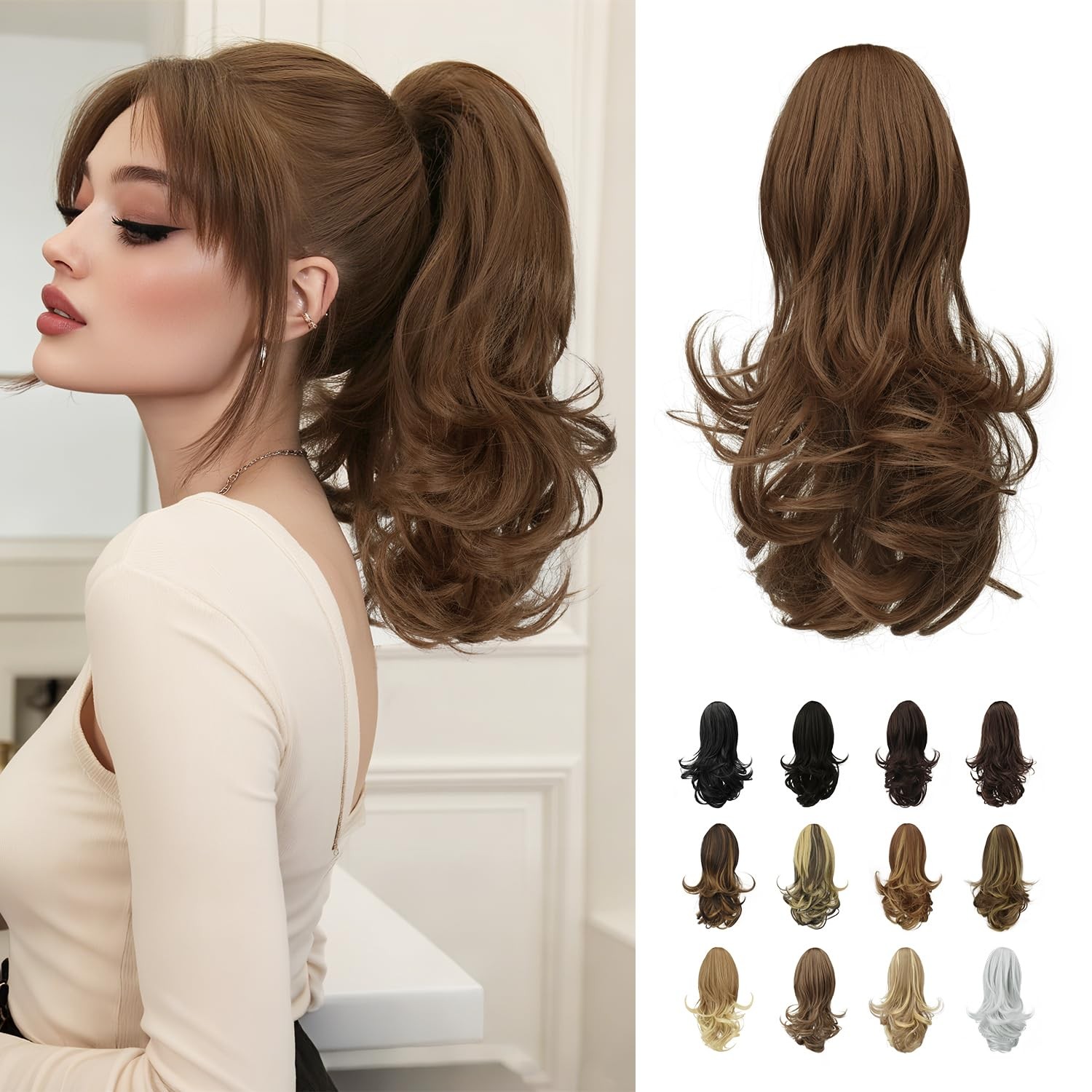 13″ Ponytail Extension Long Curly Ponytail Clip in Claw Hair Extension Natural