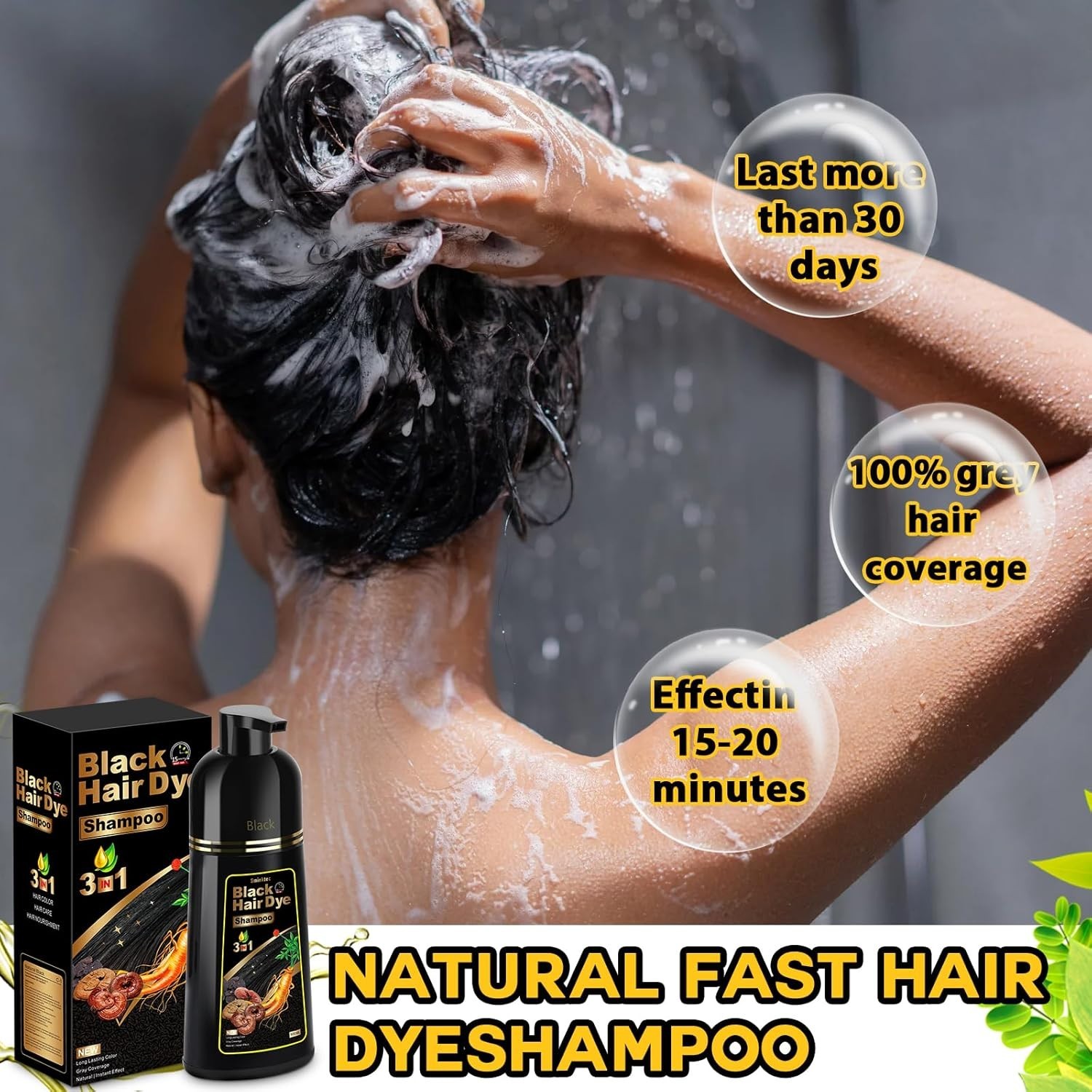 Black Hair Dye Shampoo 3 in 1 Instant Color Herbal Ingredients for Men/Women US