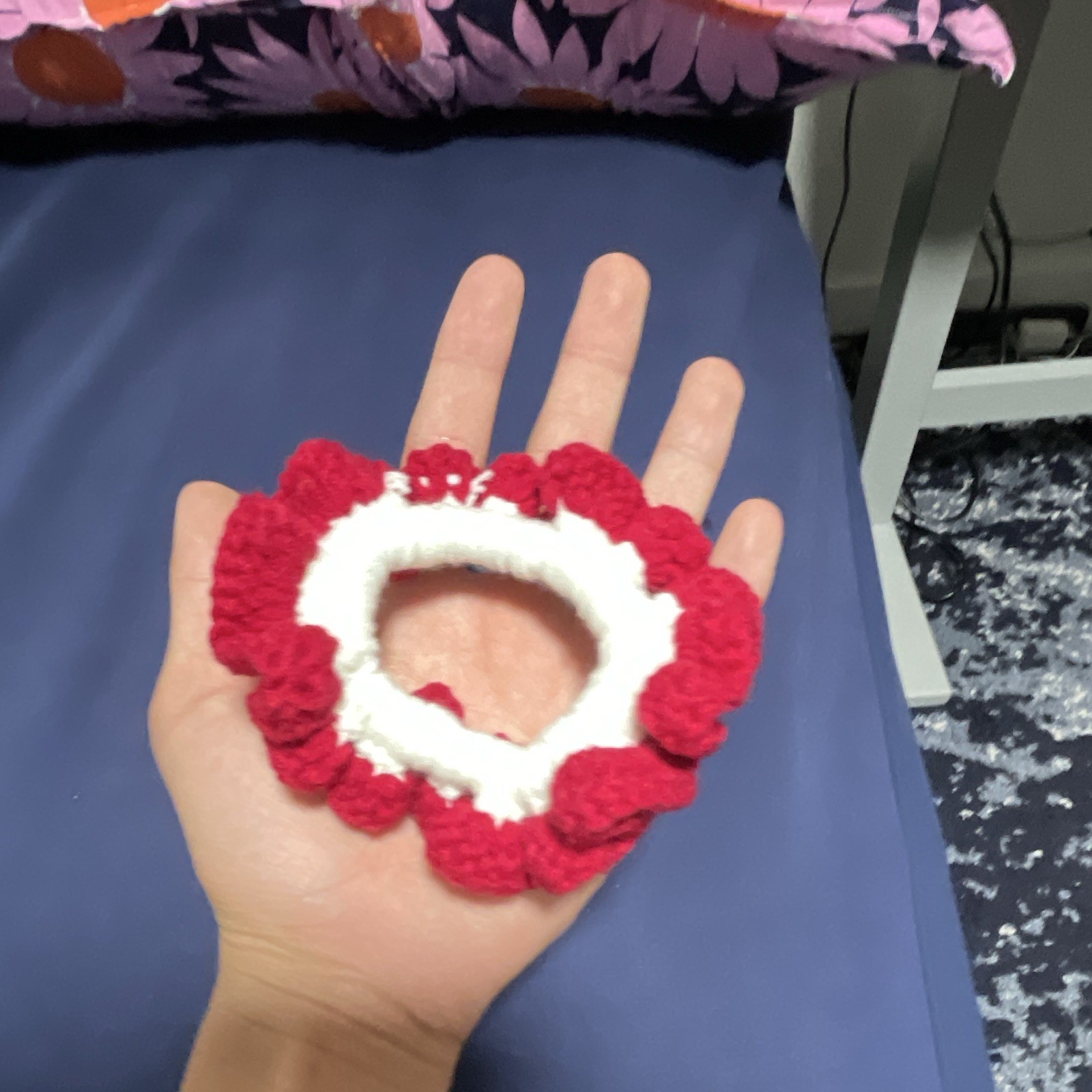Handmade crochet Scrunchie Hair Tie, Red & White Yarn, 2.5 in, Women Adult
