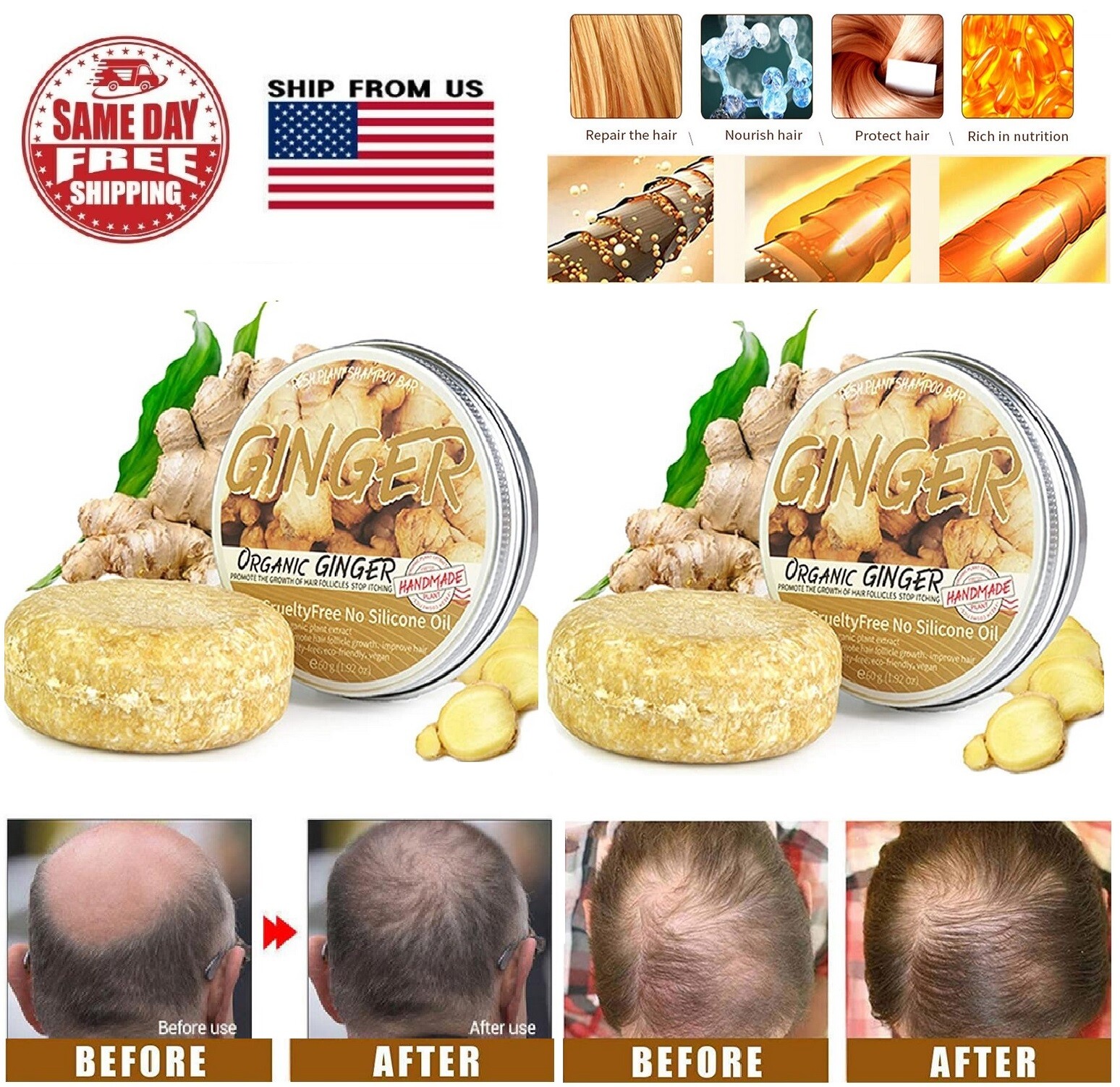4× Ginger Hair Regrowth Shampoo Bar Rosemary Oil Hair Growth Soap Anti Hair Loss