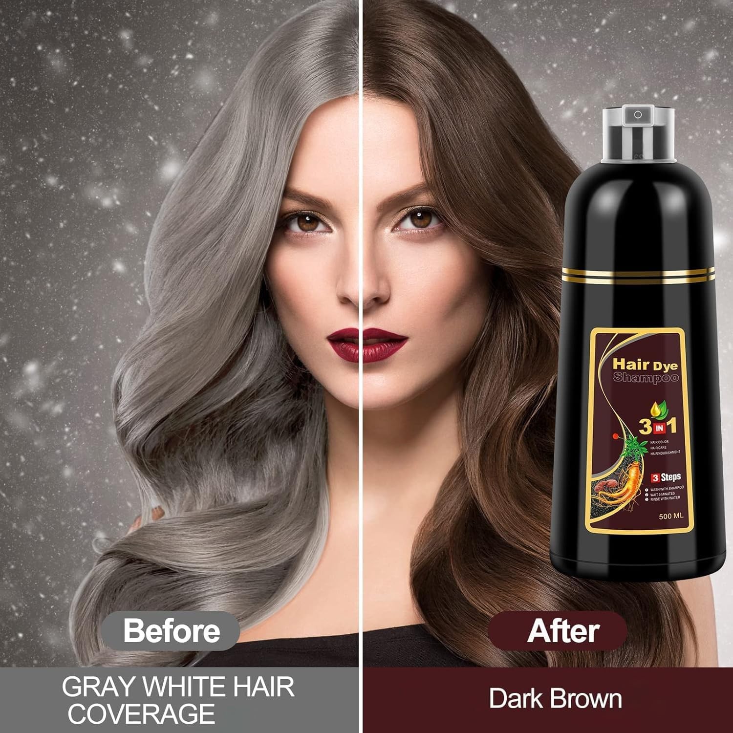 3 in 1 Hair Dye Shampoo 500ml Dark Brown Hair Color Shampoo Instant Hair Dye