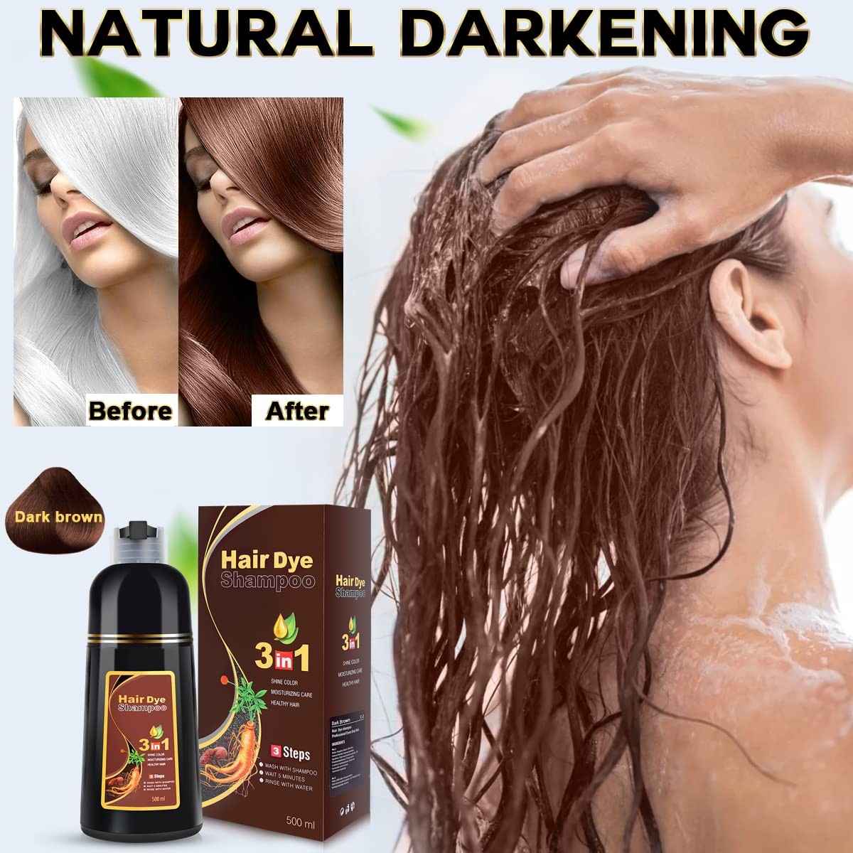 3 in 1 Hair Dye Shampoo 500ml Dark Brown Hair Color Shampoo Instant Hair Dye