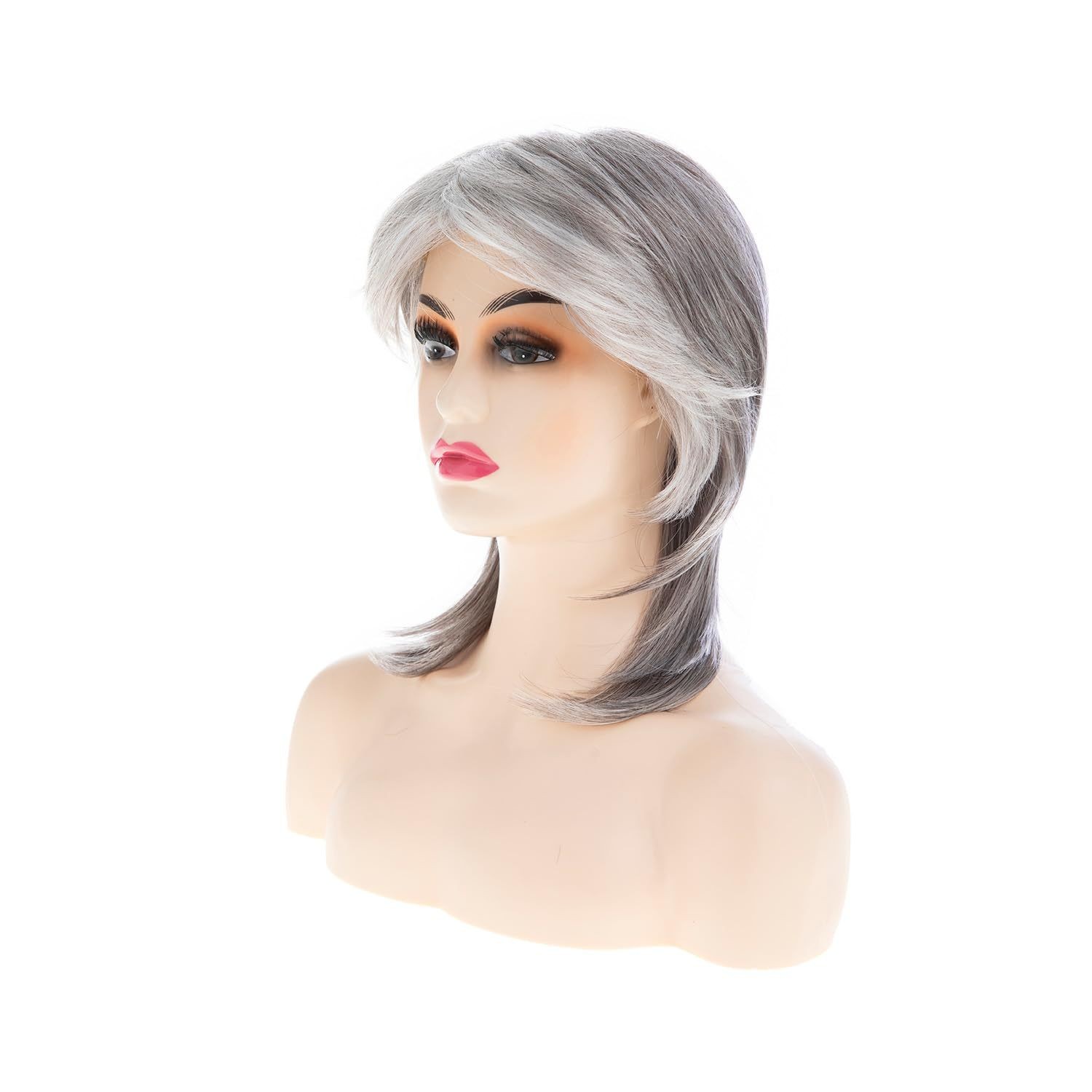 Mullet Wigs for Women Shoulder Length Gray White Layered Old Lady Wig Cosplay Pa