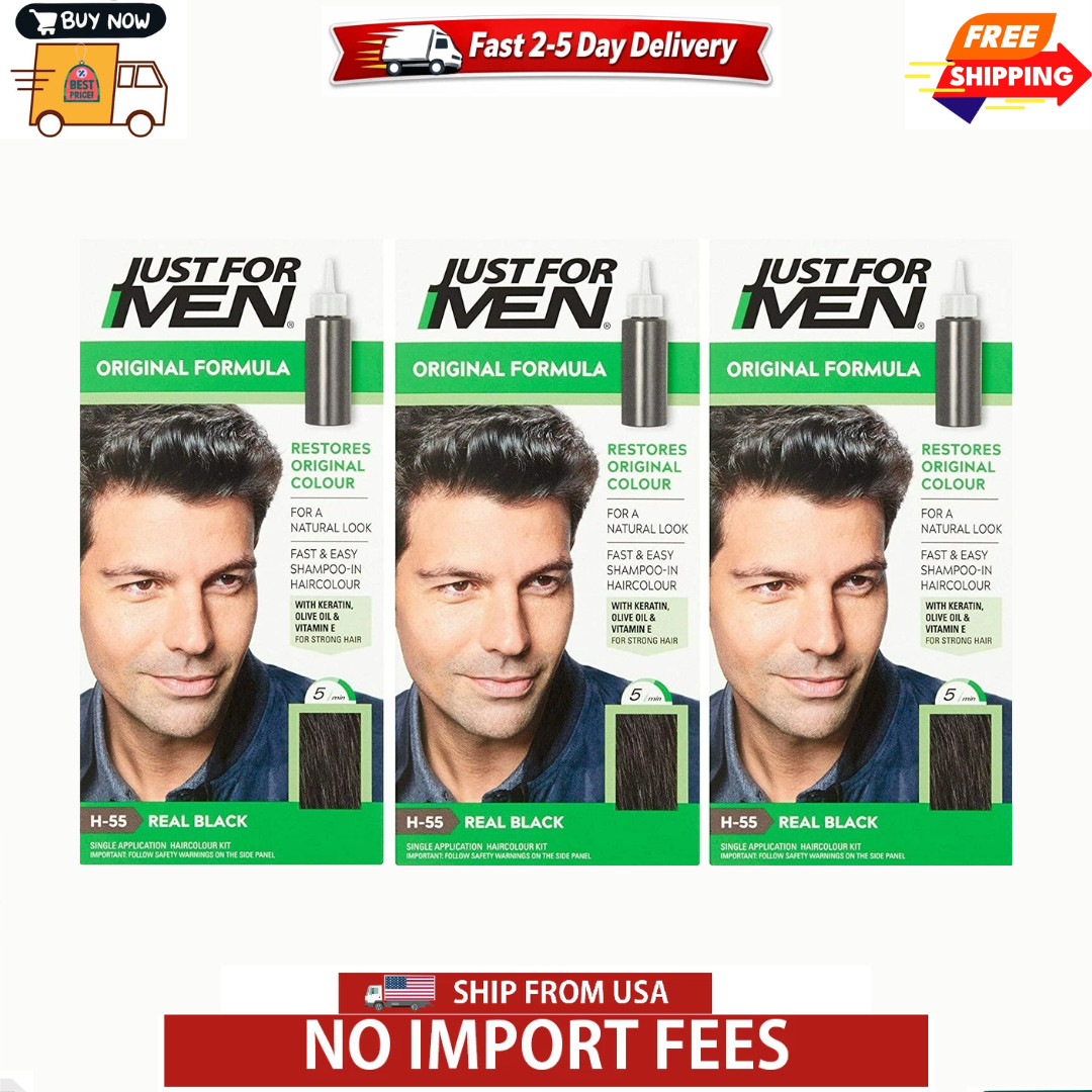 Just for Men H-55 REAL BLACK Hair color Shampoo In ( 3 pack ) green