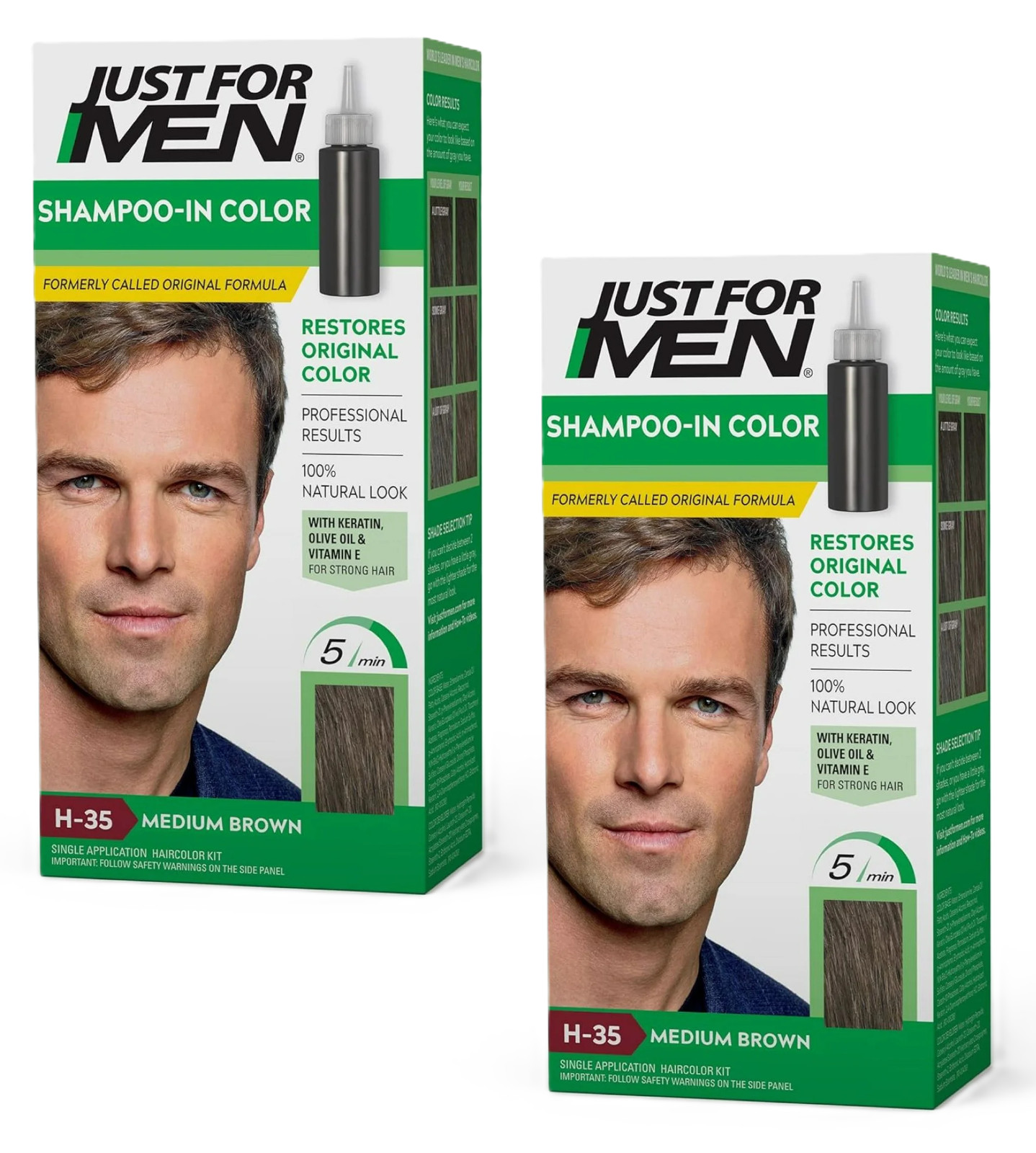(2 PACK) H-35 Just For Men Shampoo-in Hair Dye for Men, Medium Brown