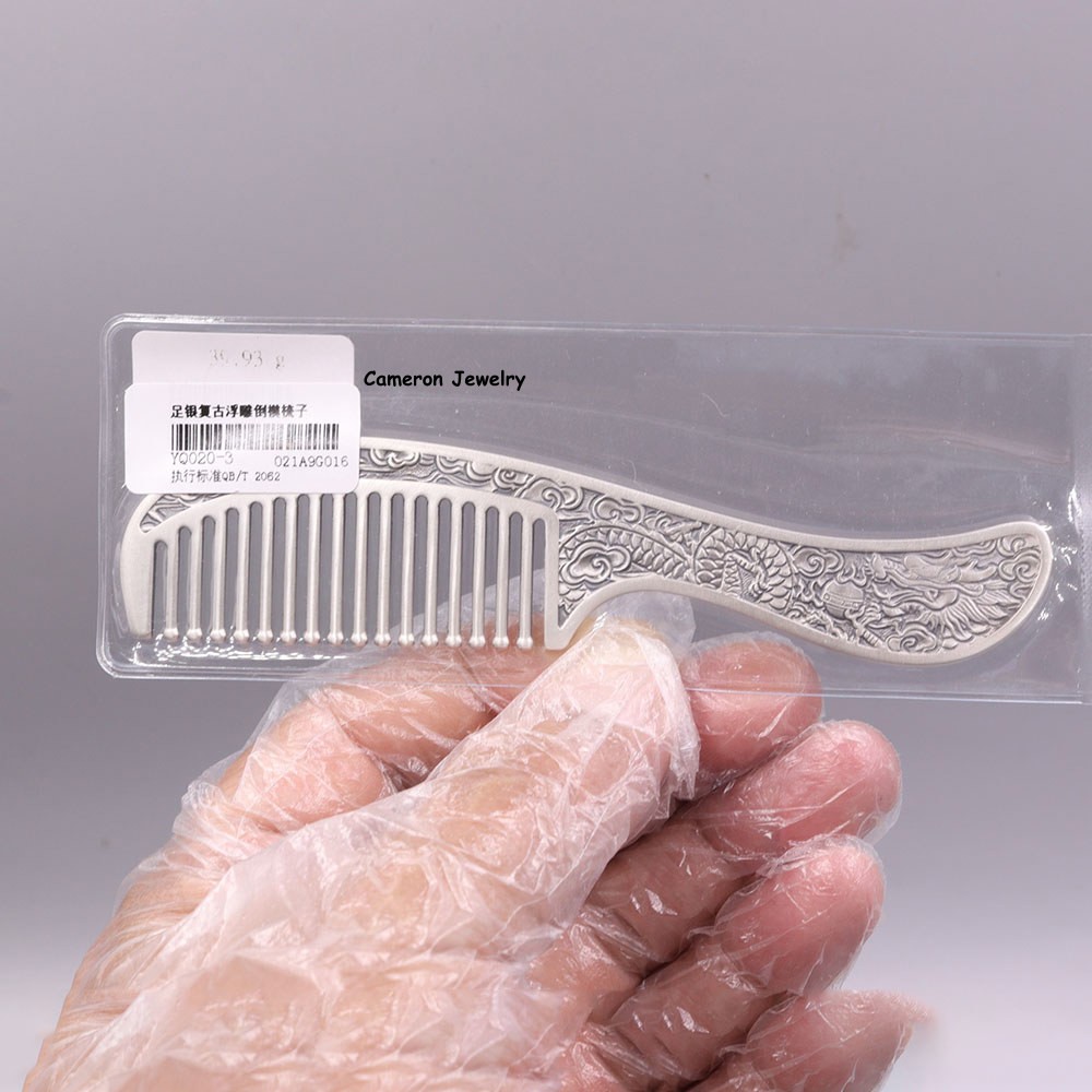 Pure S999 Fine Silver Comb Women Health Dragon Phoenix Hair Comb 40-41g 4.88in