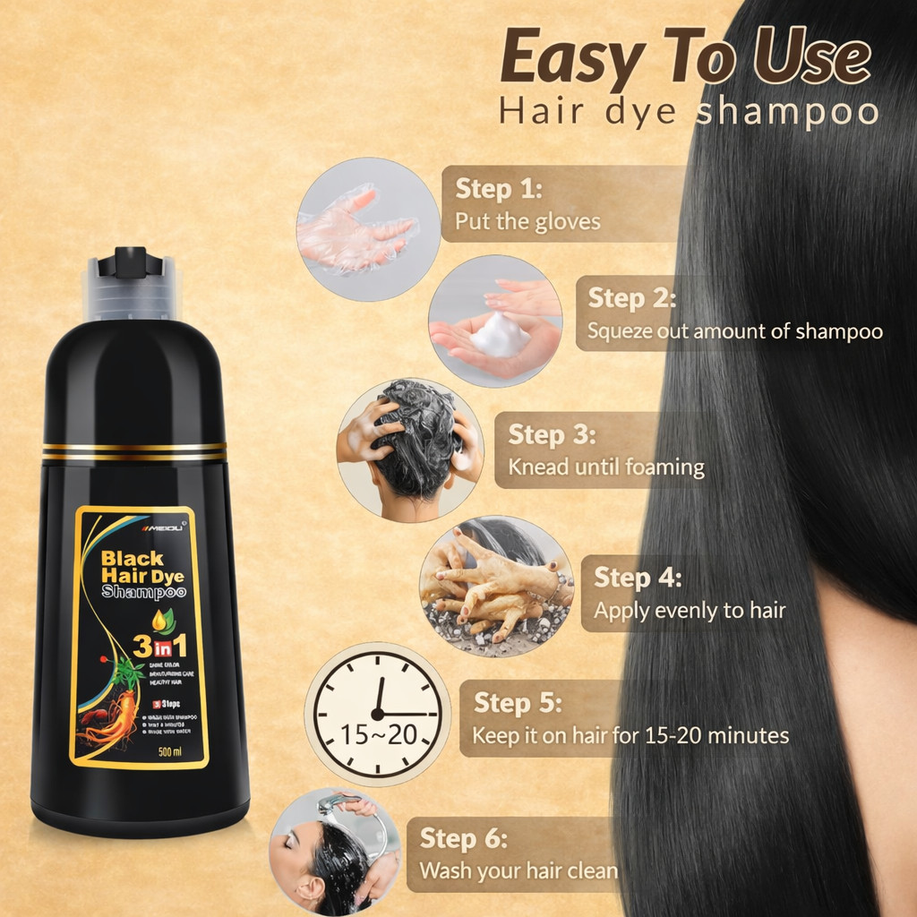 Hair Dye Shampoo for Gray Hair Coverage, 3 in 1 Natural Black Dye for Women Men