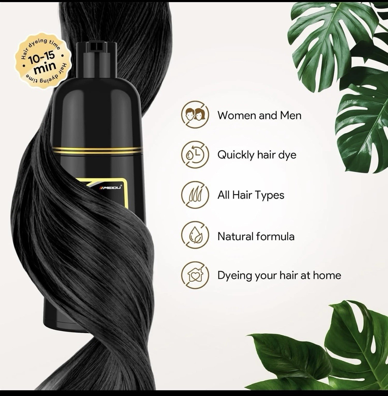 MEIDU 3-in-1 Black Hair Dye Shampoo Moisturizing Shine, All Hair Types 500ml