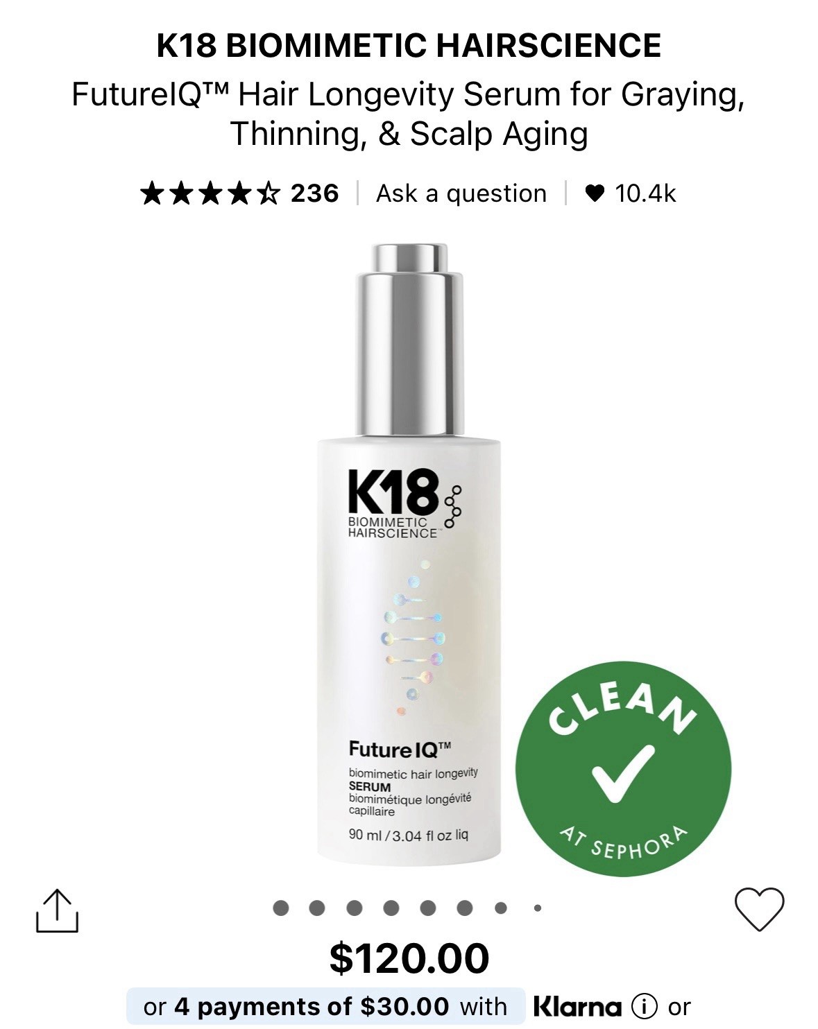 K18 Future IQ Biomimetic Hairscience Hair Longevity Serum 3.04 fl oz / 90 ml