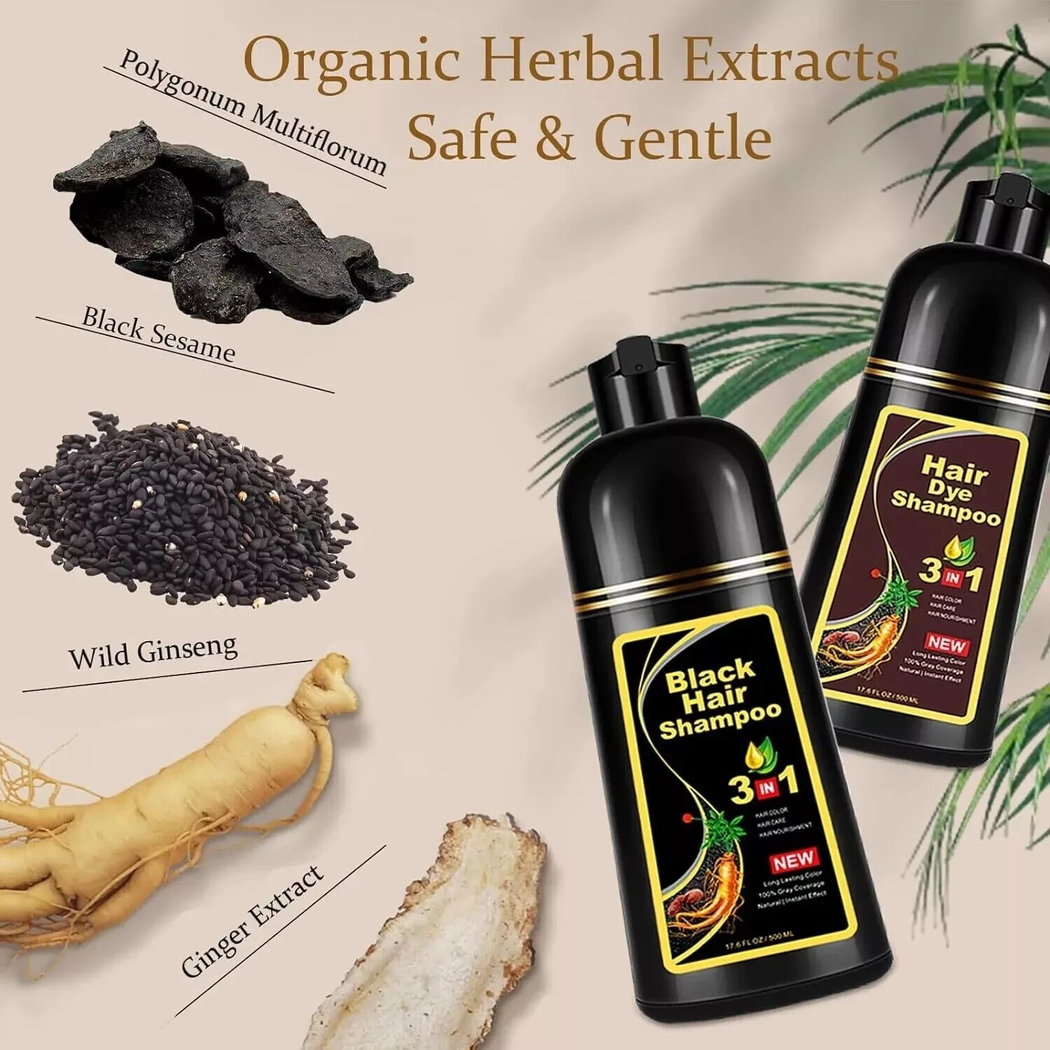 Black Hair Dye Shampoo 3 in 1 for Women/Men for Gray Coverage Instant Hair Color