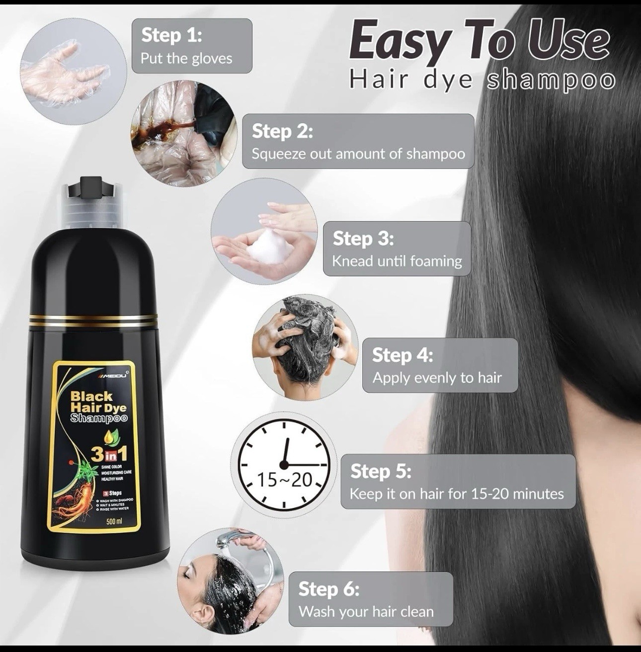 MEIDU 3-in-1 Black Hair Dye Shampoo Moisturizing Shine, All Hair Types 500ml