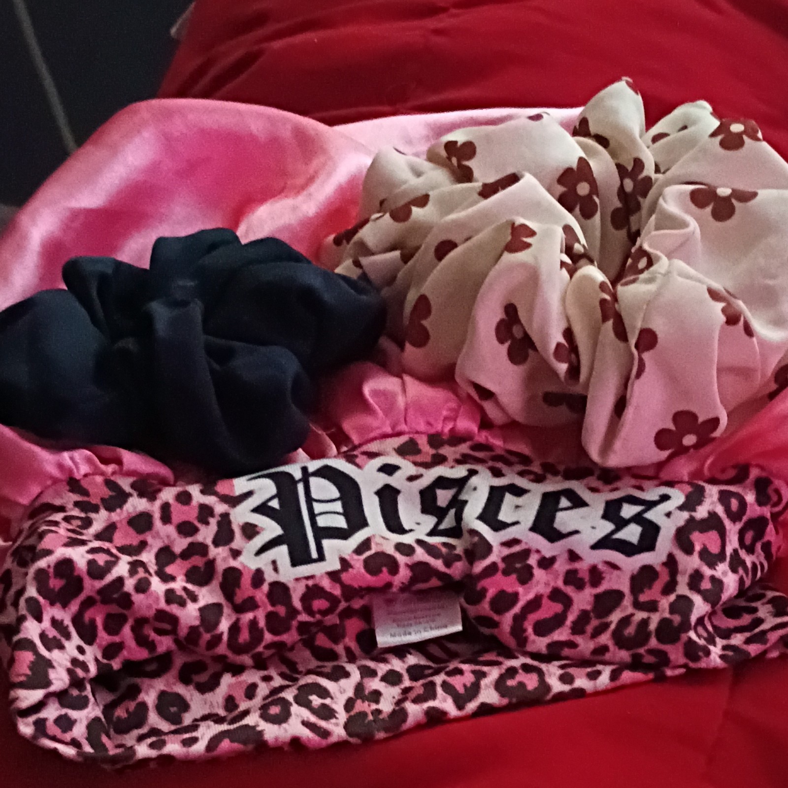 Women’s Fabric Hair Scrunchies Lot of 3 – Pink Black White, All Hair Types