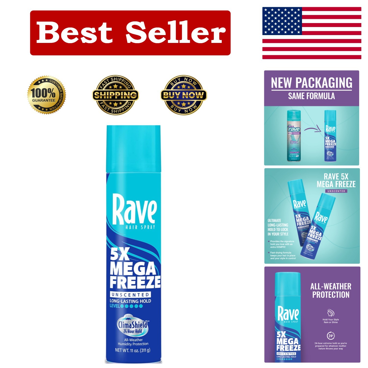 Unscented Aerosol Hairspray by Rave – 5X Freeze Hair Spray for Heat Protectio…