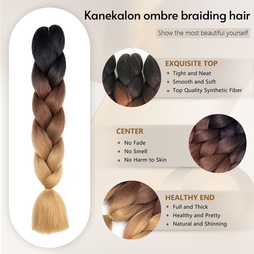 SHUOHAN 6 Packs Ombre Jumbo Braiding Hair Extensions 24 Inch Synthetic (Black