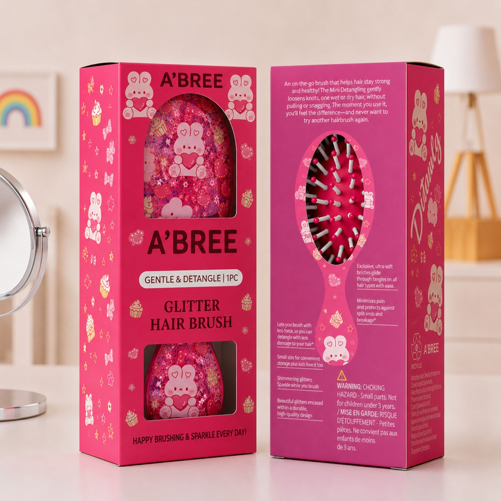 A’BREE Mini Glitter Detangling Hair Brush for Kids Girls Women_Ruby Red