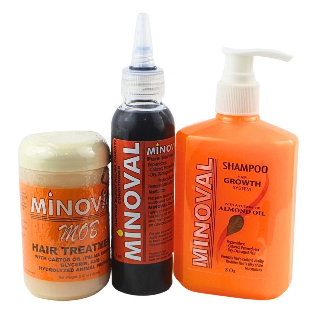 Minoval Hair Growth System Shampoo Hair Treatment & Pure Haitian Black Castor Oi