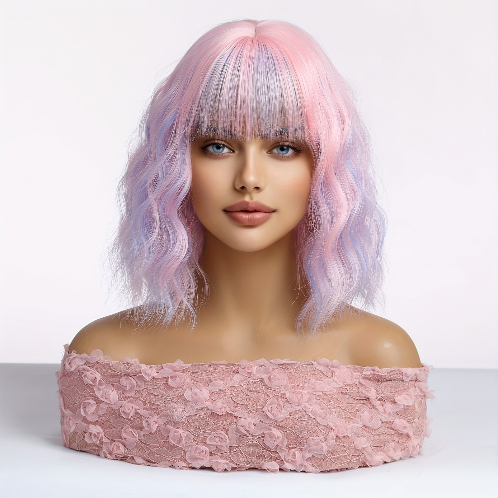 Pink And Purple Highlights Bob Wig with Bangs Short Curly Bob Wig Daily Party