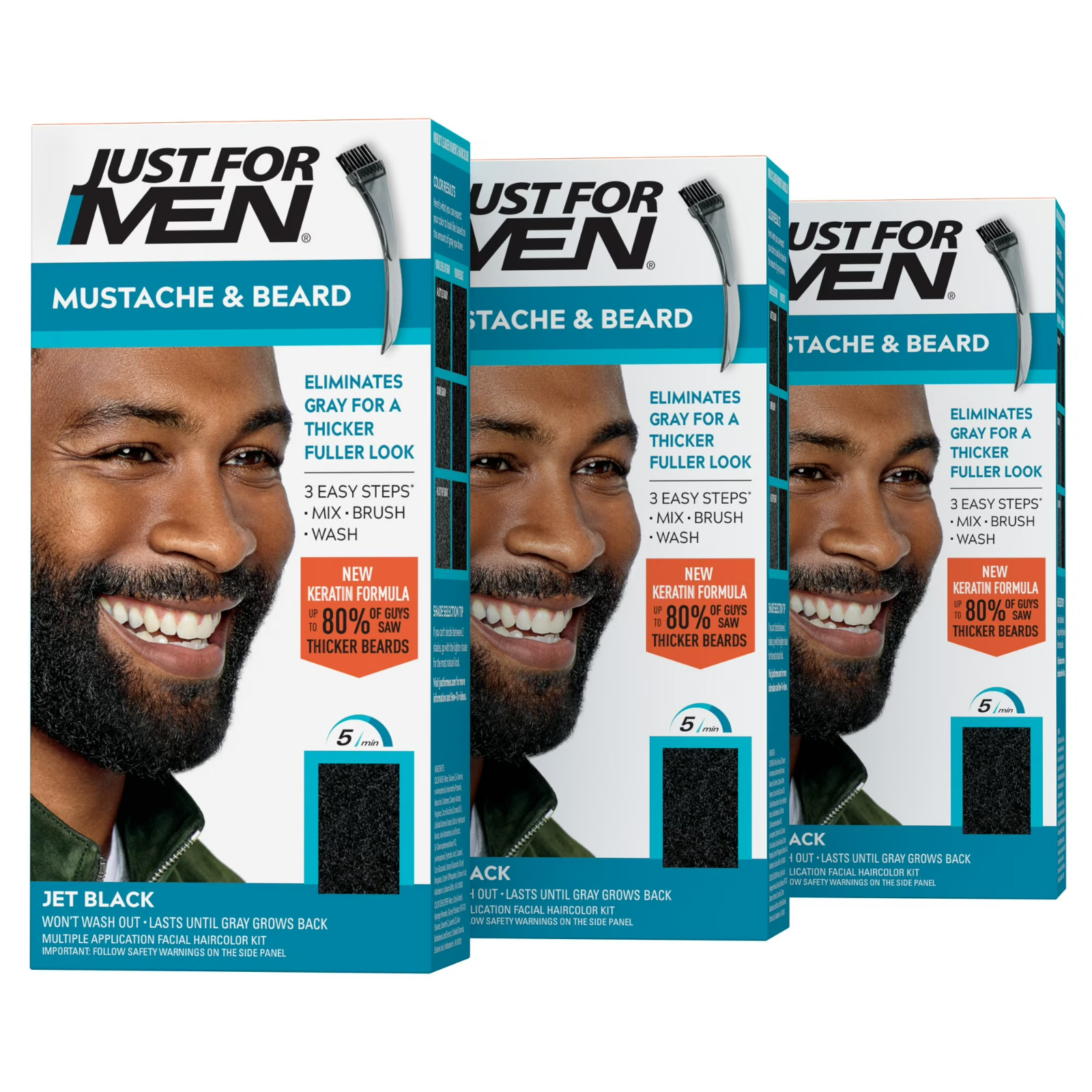 Just For Men Mustache & Beard Dye Jet Black M-60 w/ Brush Pack of 3