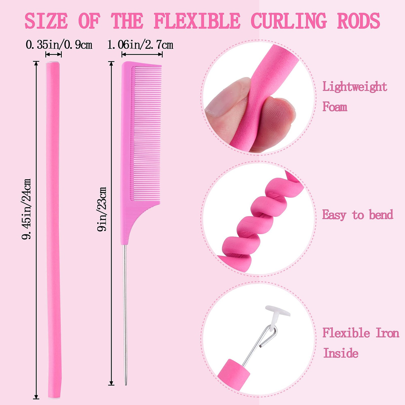 30PCS 9.45″ Flexi Rods Curlers Set for Short and Long 31 Piece Set, Pink