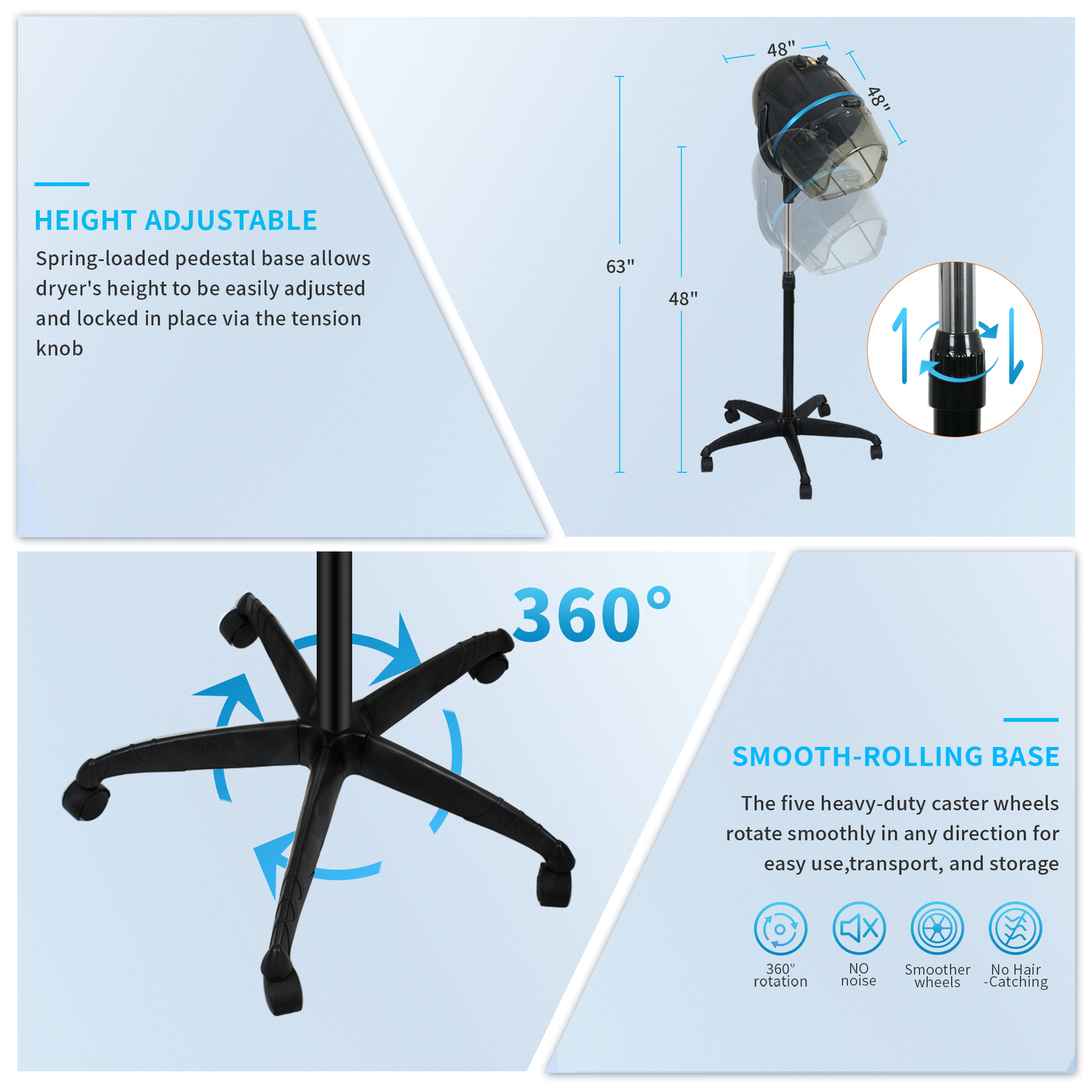 Professional 1300W Hooded Floor Bonnet Hair Dryer Stand Up w/Timer Rolling Wheel