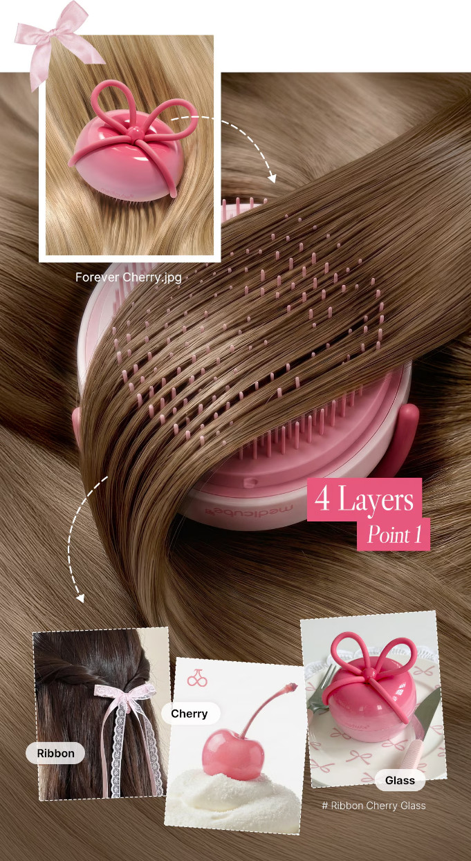 Medicube x FOREVER:CHERRY Hair Brush Ribbon Cherry Pink & Red & Vioret Pink New