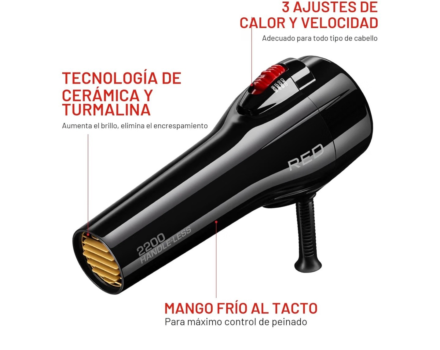 RED by Kiss Handle-Less 2200W Ceramic Hair Dryer w/ Detangler Pik, BD03