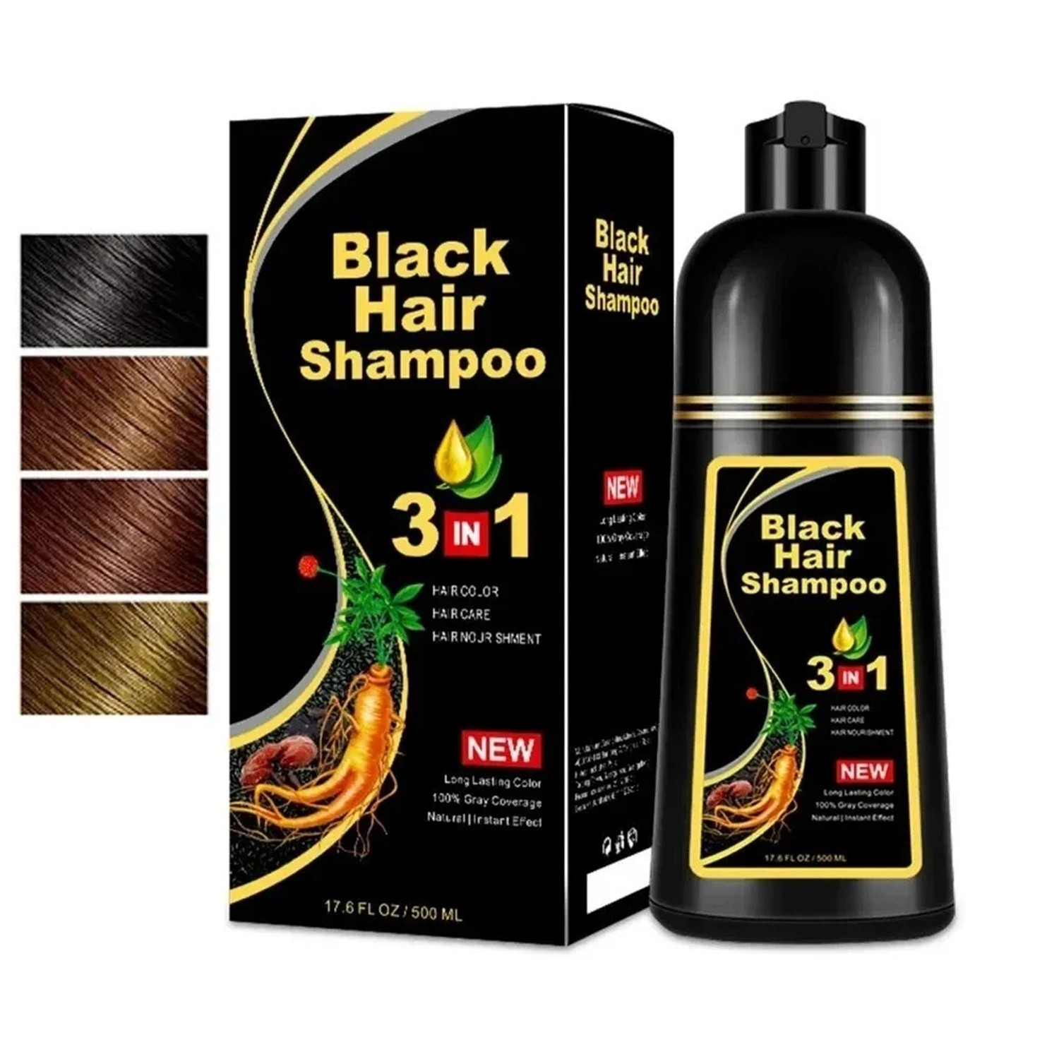 3 in 1 Hair Dye Shampoo Instant Color Herbal Ingredients Black/Dark Brown 500ml