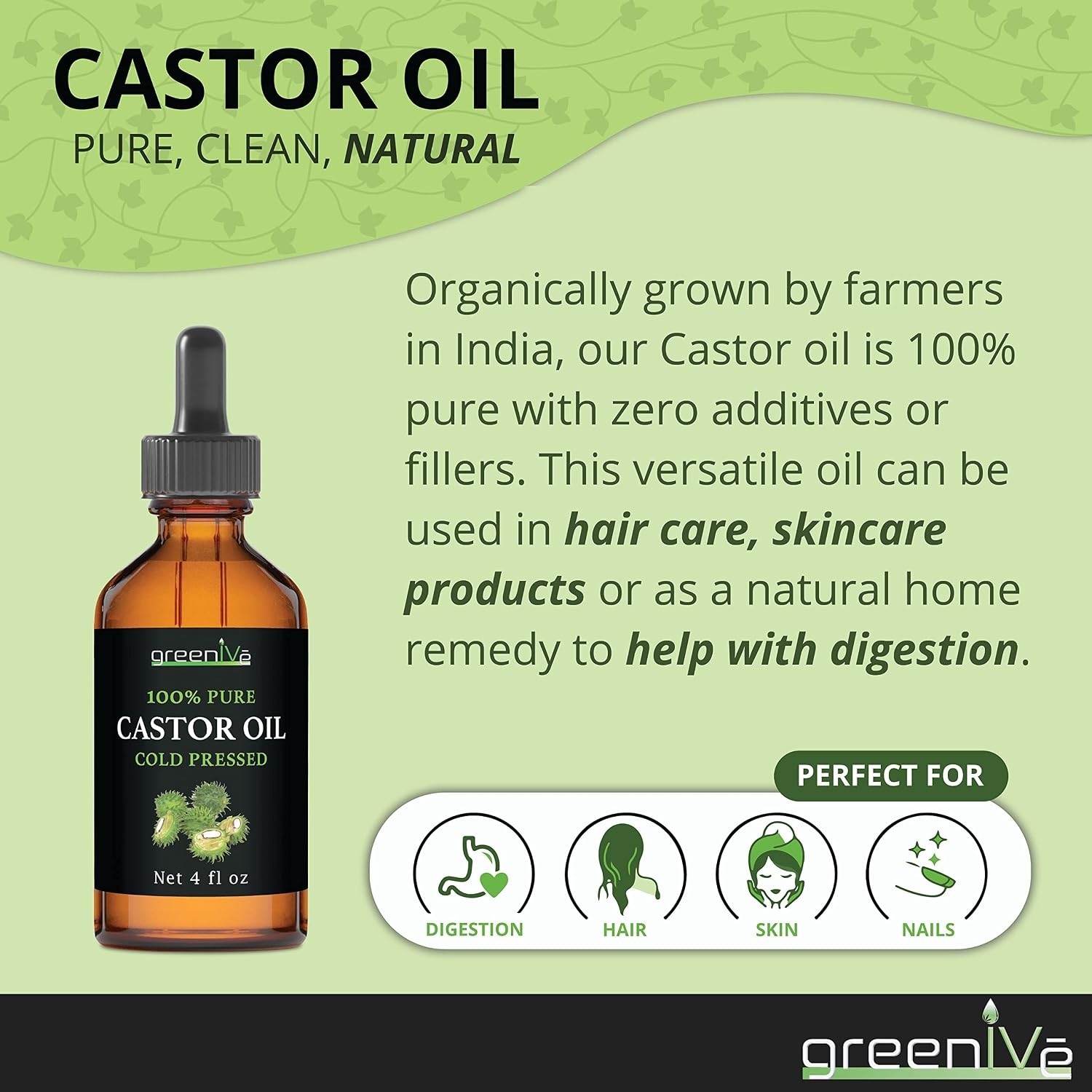 GreenIVe 100% Pure Castor Oil, 4 Fl oz | Cold-Pressed, USP Grade, Hair, Eyebrows