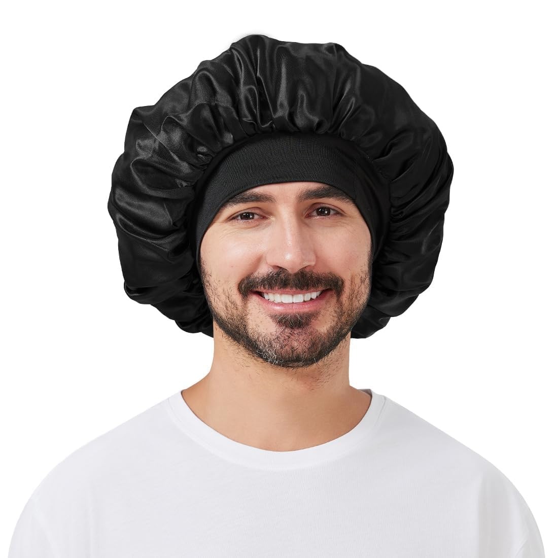 Satin Bonnet for Men, Silk Sleeping with Wide 13.8 Inch, A01-black